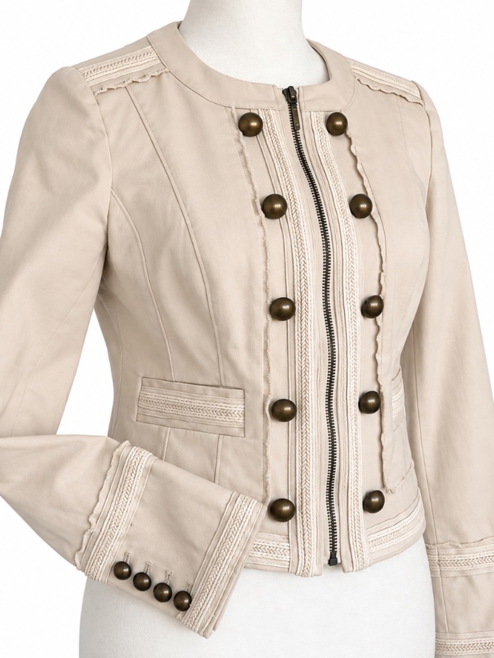 White House Black Market 2P Ivory Military Jacket Cropped Braided Trim